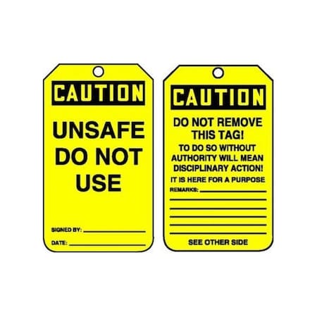 Accuform Safety Tags, CAUTION UNSAFE DO NOT USE, 5.75in x 3.25in, RP-Plastic, 5PK MCGT225PTM